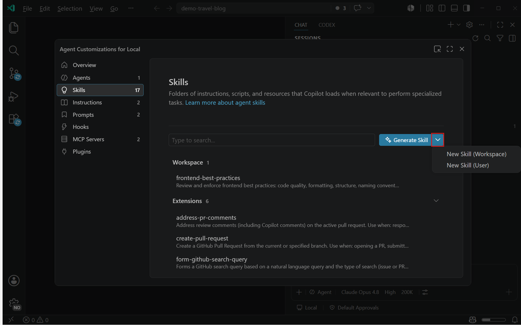 The Skills tab of the Agent Customizations editor with workspace and extension skills