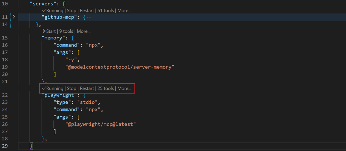 mcp.json with Running, Stop, Restart and tool count lenses above each server