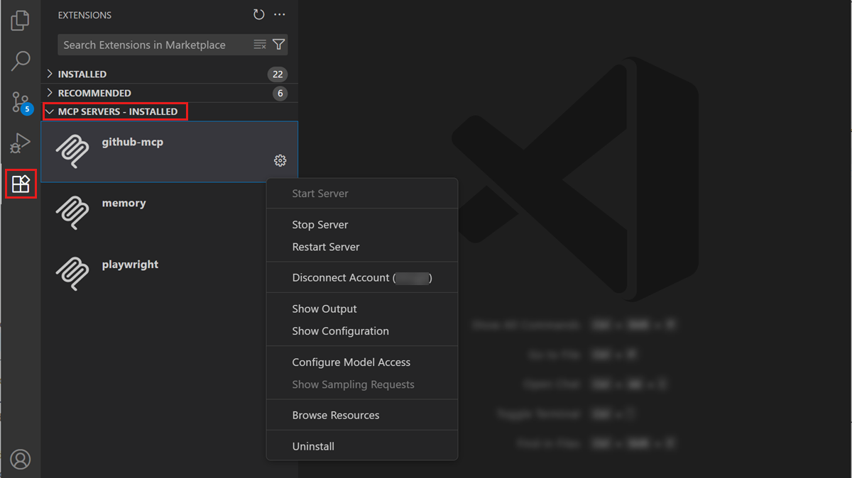 Installed MCP servers in the Extensions view with a context menu