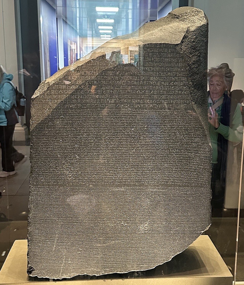 The Rosetta Stone in its glass case at the British Museum
