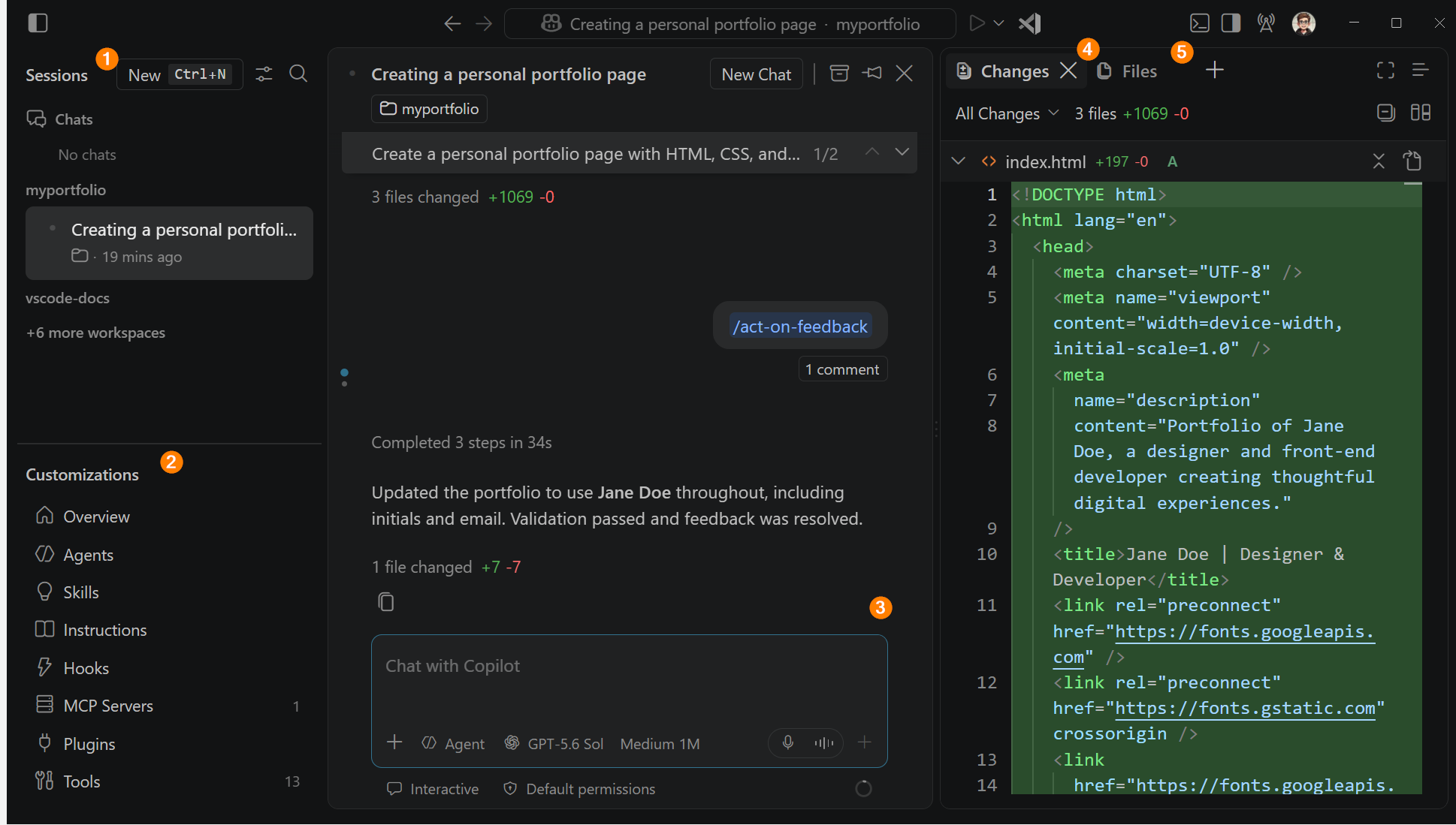 The Agents window with sessions, chat, changes and files panels annotated