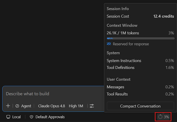 The context window popup with Session Cost and usage breakdown