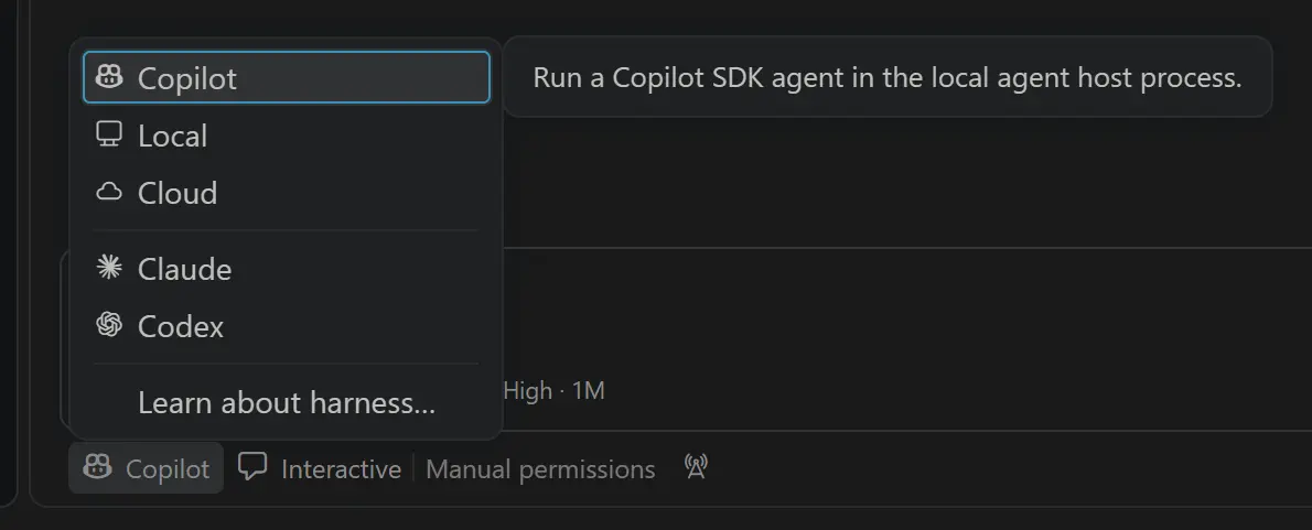 The Session Target picker listing Copilot, Local, Cloud, Claude and Codex