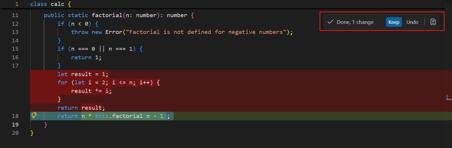 Editor inline chat suggesting a non-recursive factorial implementation in place