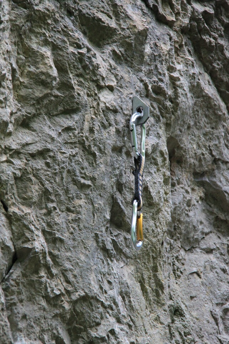 A quickdraw clipped to a climbing bolt