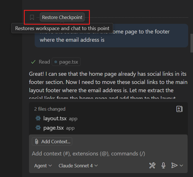 The Restore Checkpoint action on a chat request