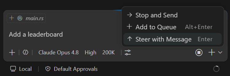 The Send button dropdown with options to queue, steer, or stop and send