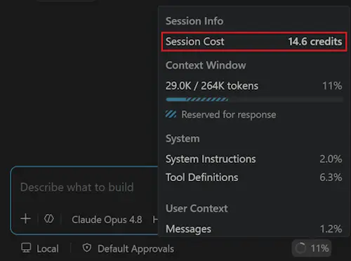 The session info popup showing Session Cost and context usage