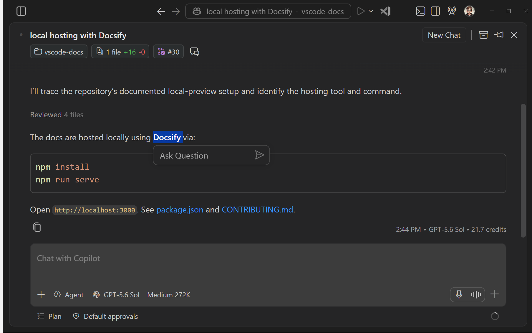 Selecting text in an agent response shows an Ask Question button that opens a side chat
