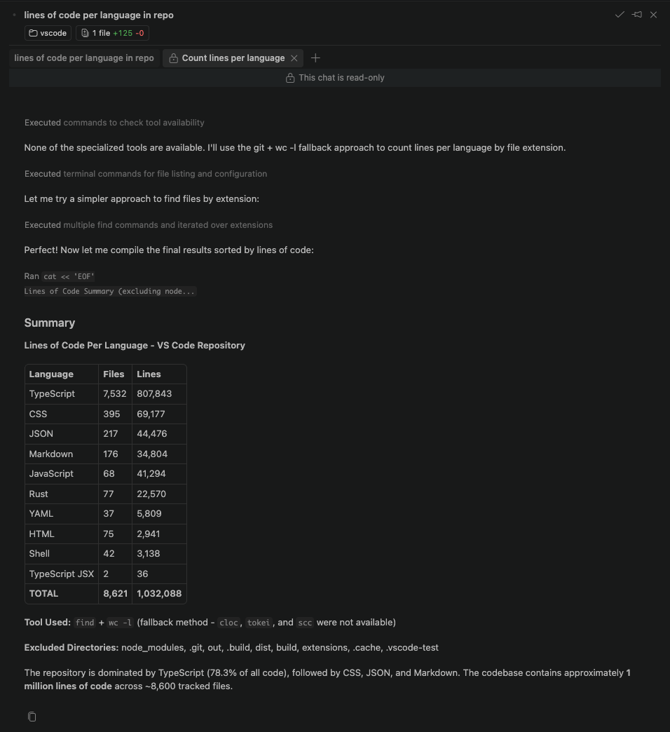 In the Agents window, each subagent appears as a read-only chat showing its model, elapsed time and active tool call