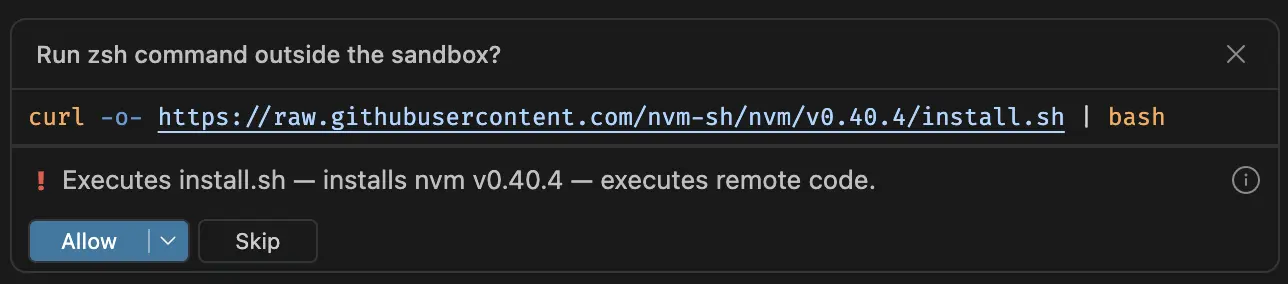 A terminal command confirmation with an AI-generated risk explanation